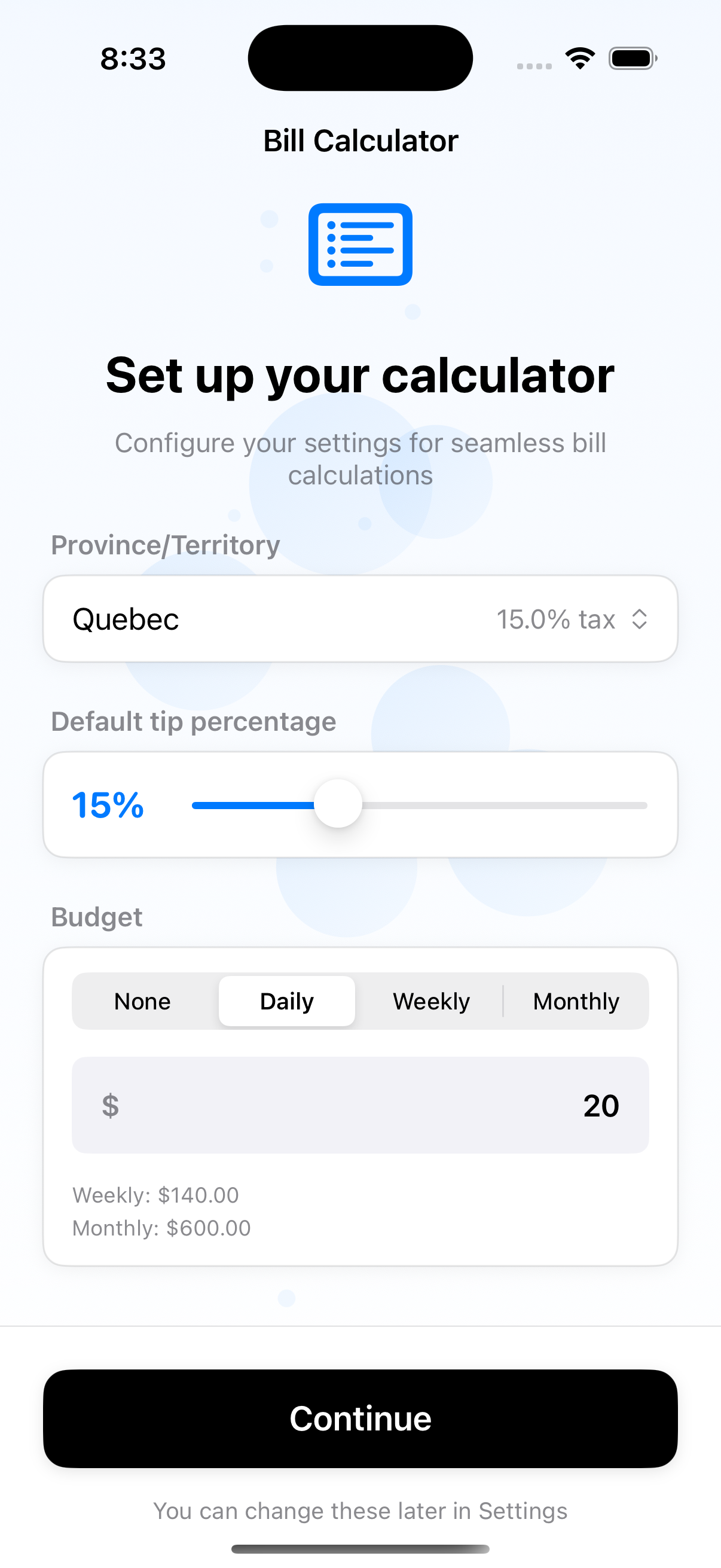 Bill Calculator App Screen 1